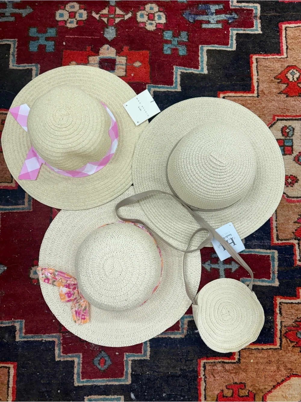 Bundle of 3 Haute Hippie Girls Cream Straw Sun Hat with Pink Scarf Accent